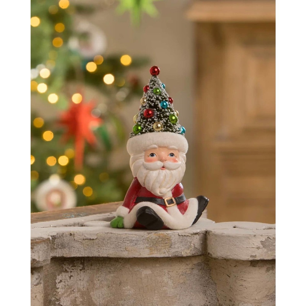 Bethany Lowe Retro Seated Santa Claus With Bottle Brush Tree Hat Christmas New